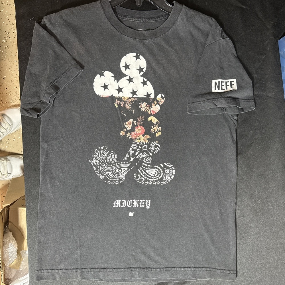 Disney x Neff Mickey Mouse Graphic T-Shirt Men's Black Floral Paisley Star